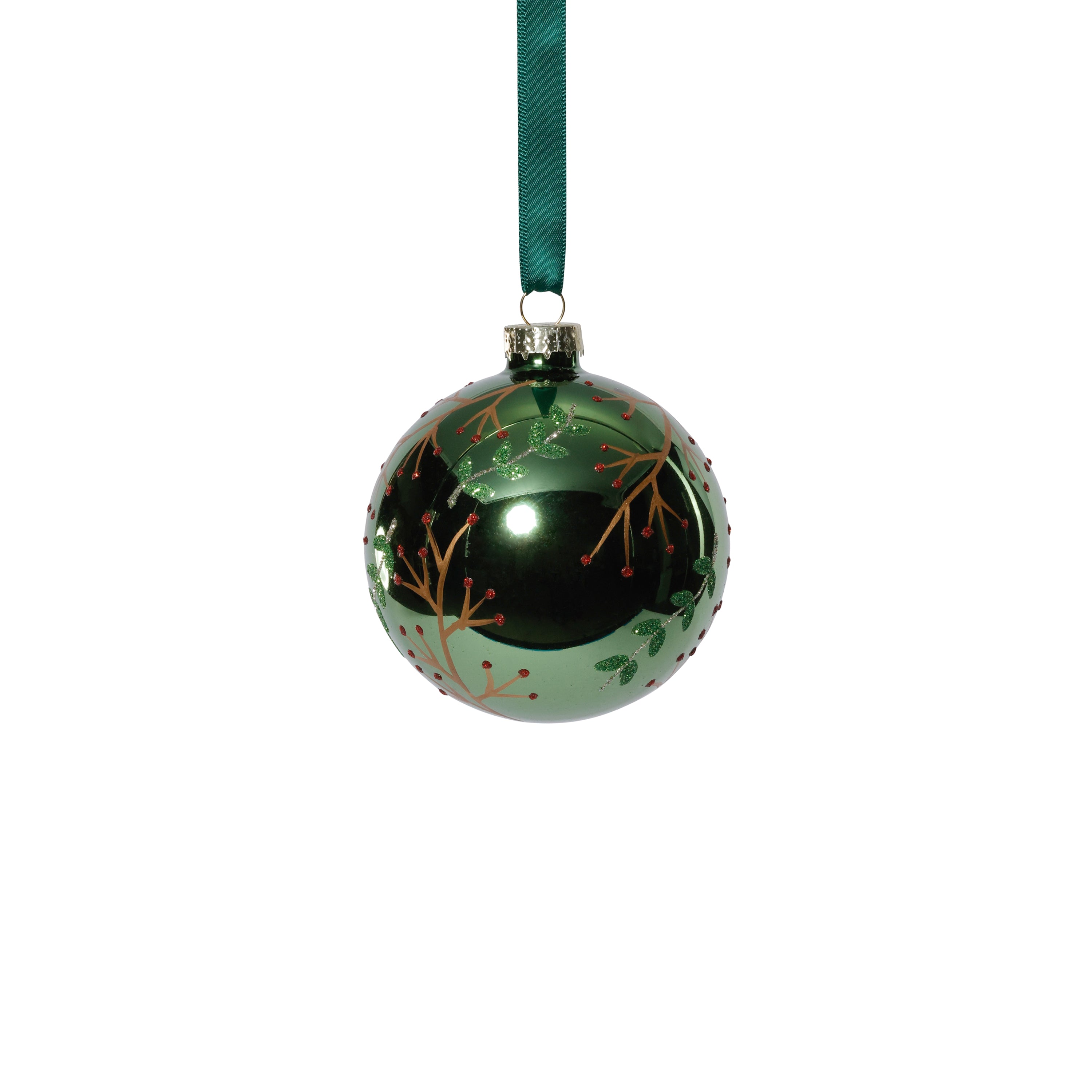 Shiny Green Metallic Glass Ball Ornaments with Gold Leaf & Twig Design, Set of 6 by The Favorites