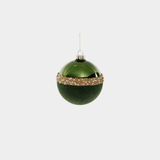 Tonal Shiny Green with Felt and Gold Decoration Glass Ball Ornament - 4.75 in - Set of 12