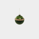 Tonal Shiny Green with Felt and Gold Decoration Glass Ball Ornament - 4 in - Set of 12