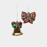 Holiday Covent Garden Plaid Bow & Bell Glass Ornaments - 2 Assorted Designs - Set of 6
