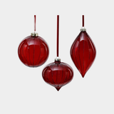 Glitter Stripe Glass Ornament Trio - 3 Assorted Designs - Ruby Red - Set of 6