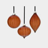 Glitter Stripe Glass Ornament Trio - 3 Assorted Designs - Dark Amber - Set of 6