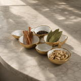 Small Cluster of Eight Serving Bowls in Gold and White