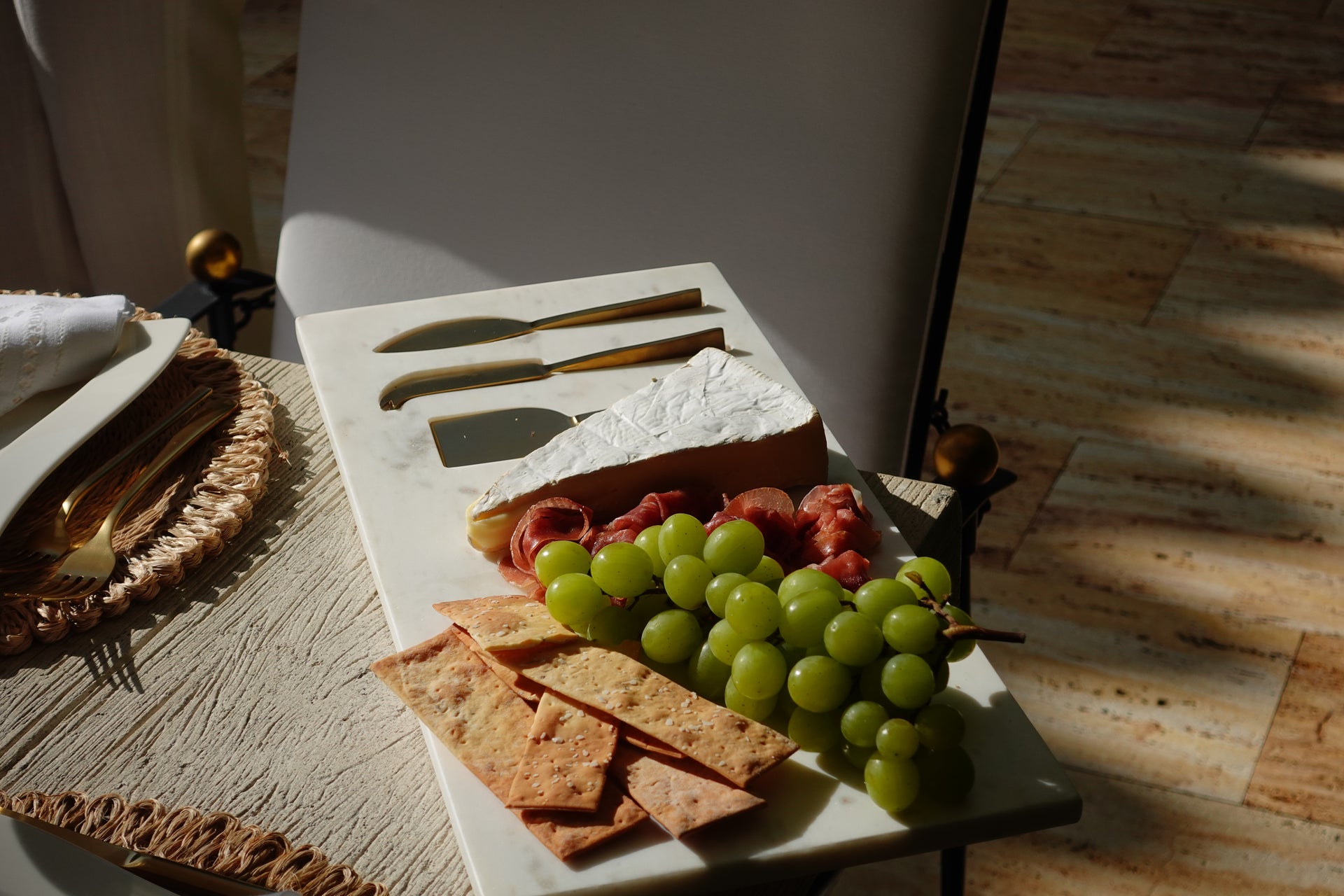 White Marble Tray with Set of 3 Cheese Tools