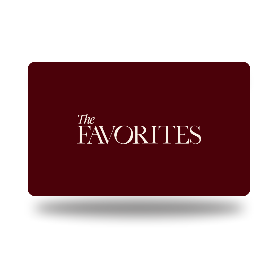 Red gift card with 'The Favorites' text on a white background
