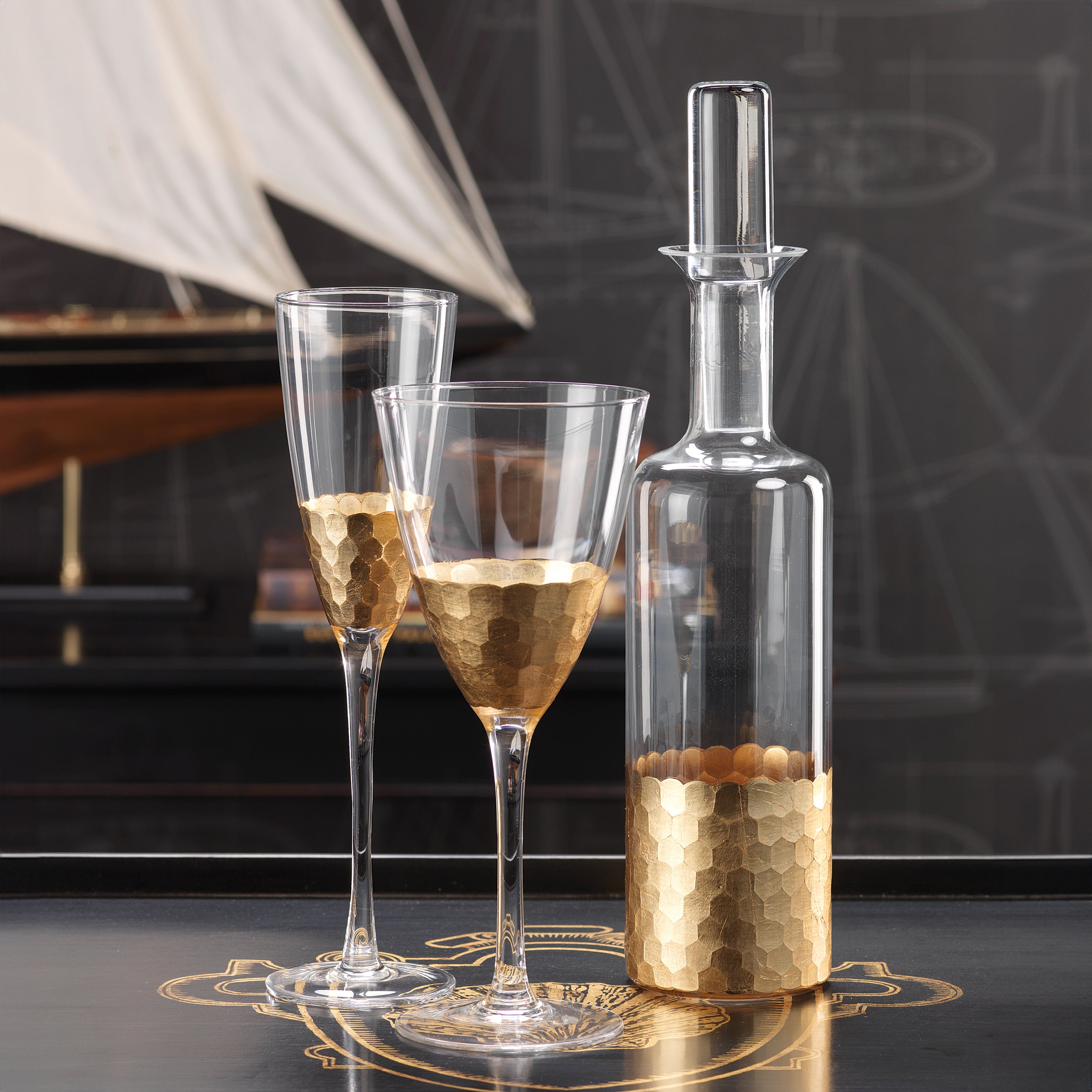 Image of Fez Cut Glass Champagne Flutes with Gold Leaf