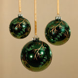 Shiny Green Metallic Glass Ball Ornaments with Gold Leaf & Twig Design, Set of 6