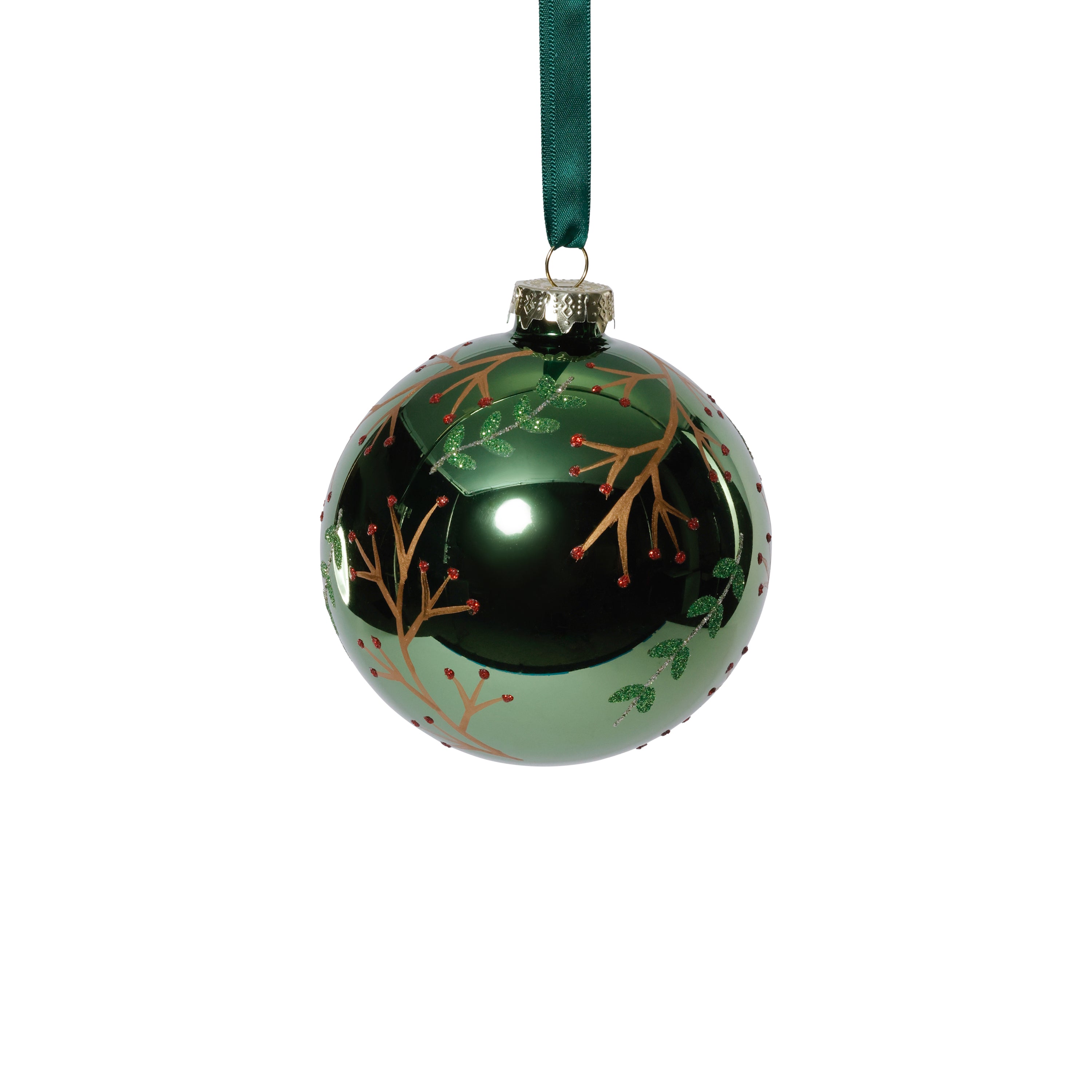 Shiny Green Metallic Glass Ball Ornaments with Gold Leaf & Twig Design, Set of 6 by The Favorites
