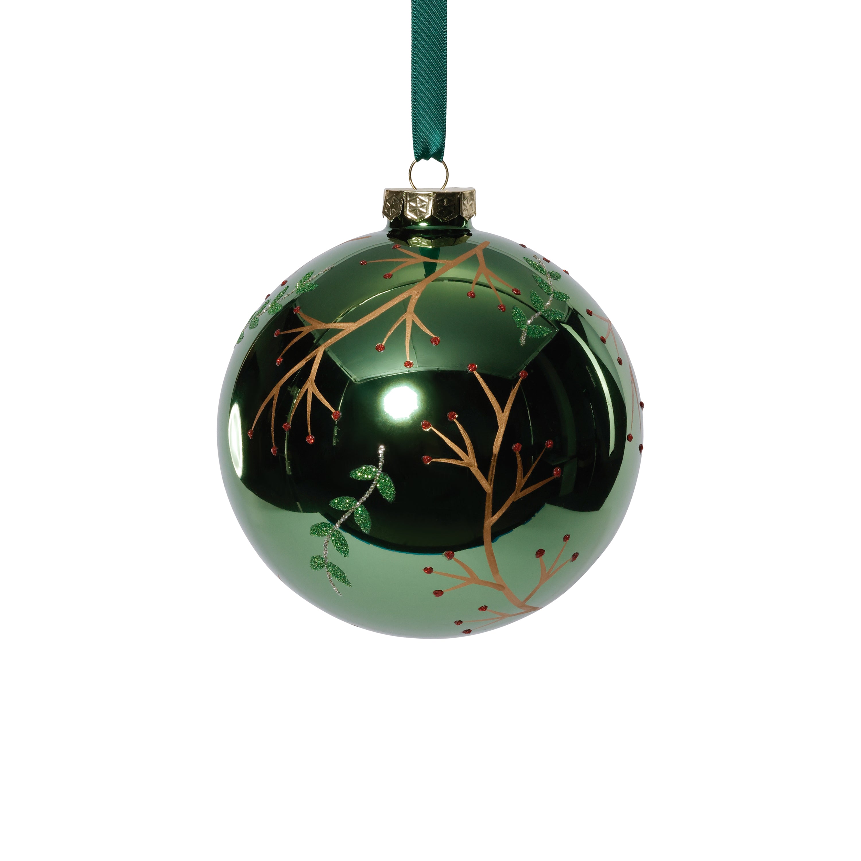 4-Piece Set Shiny Green Metallic 4.75" Glass Ball Ornaments with Gold Leaf & Twig Design by The Favorites