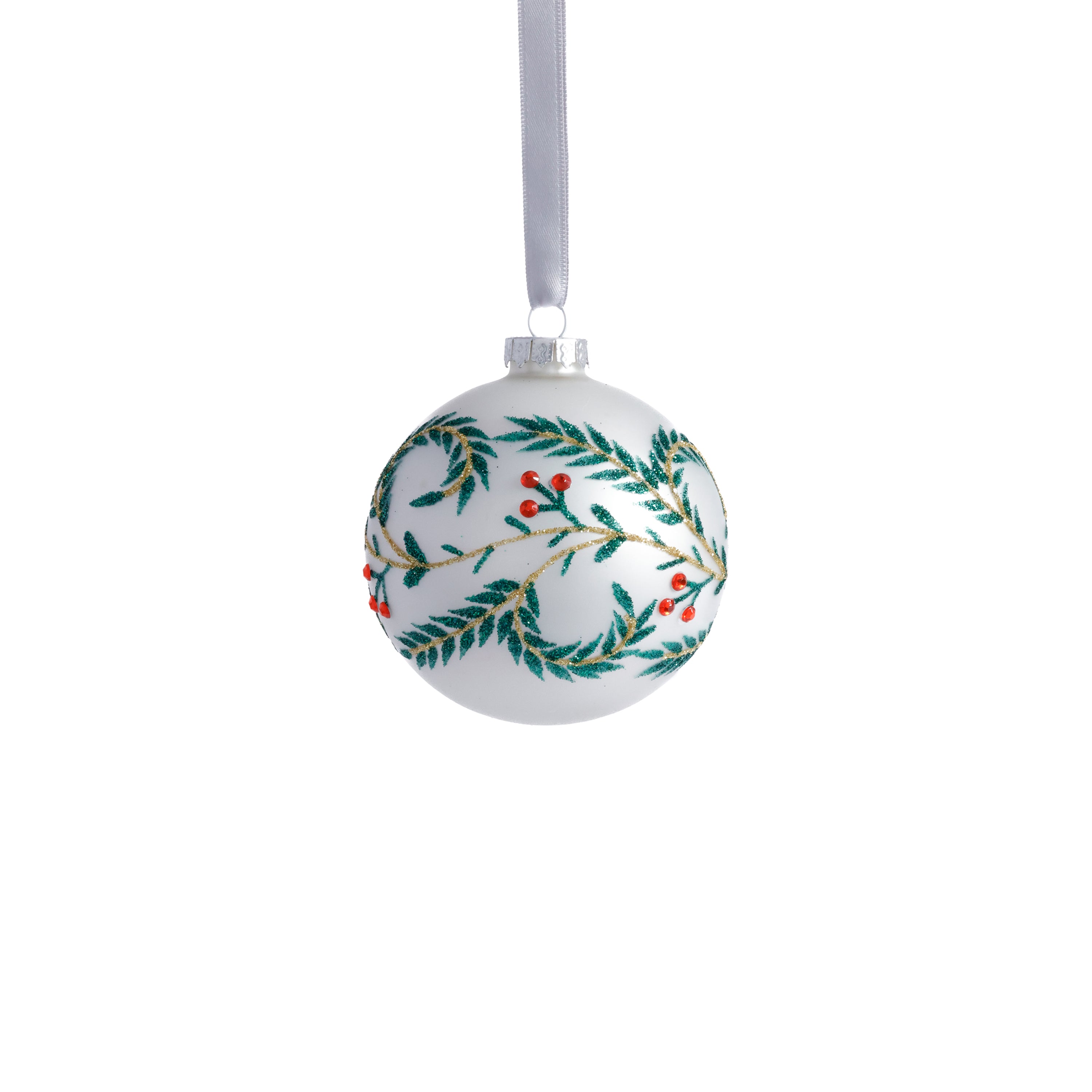 White Metallic Glass Ball Holiday Ornaments with Green Leaf Design, Set of 6 by The Favorites