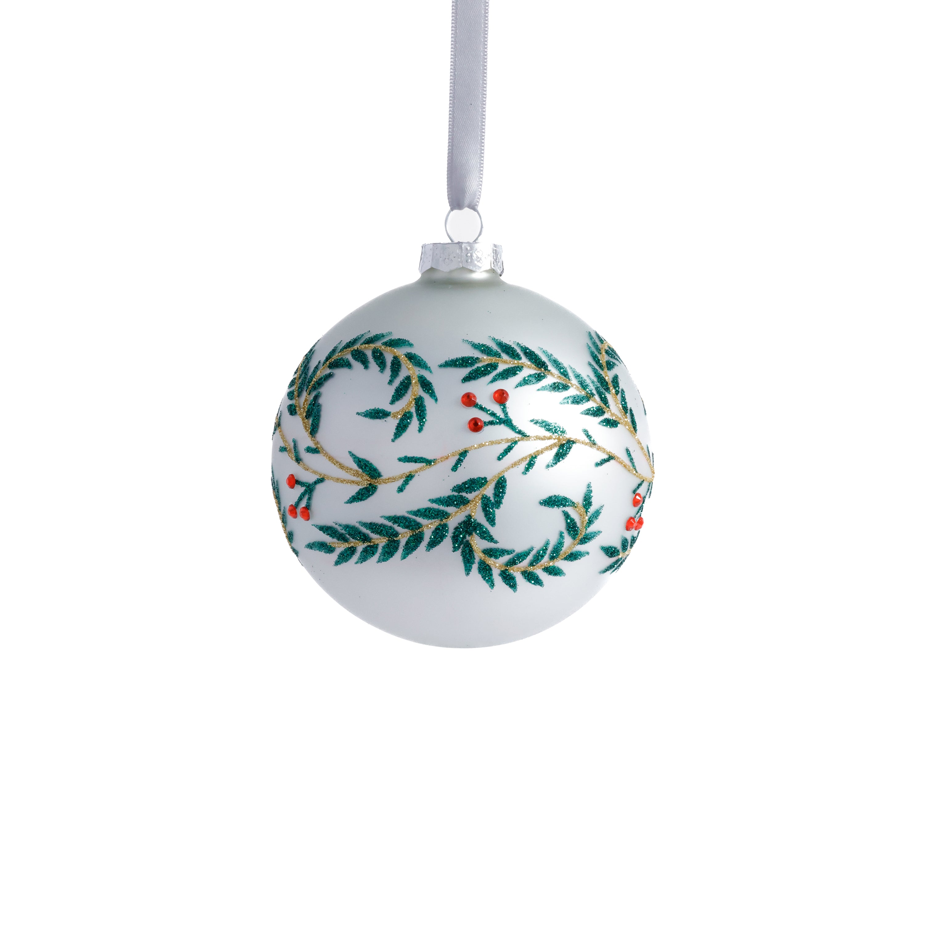 White Metallic Glass Ball Holiday Ornaments with Green Leaf Design, Set of 6 by The Favorites