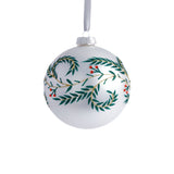 4-Piece Set White Metallic 4.75" Glass Ball Holiday Ornaments with Green Leaf Design by The Favorites