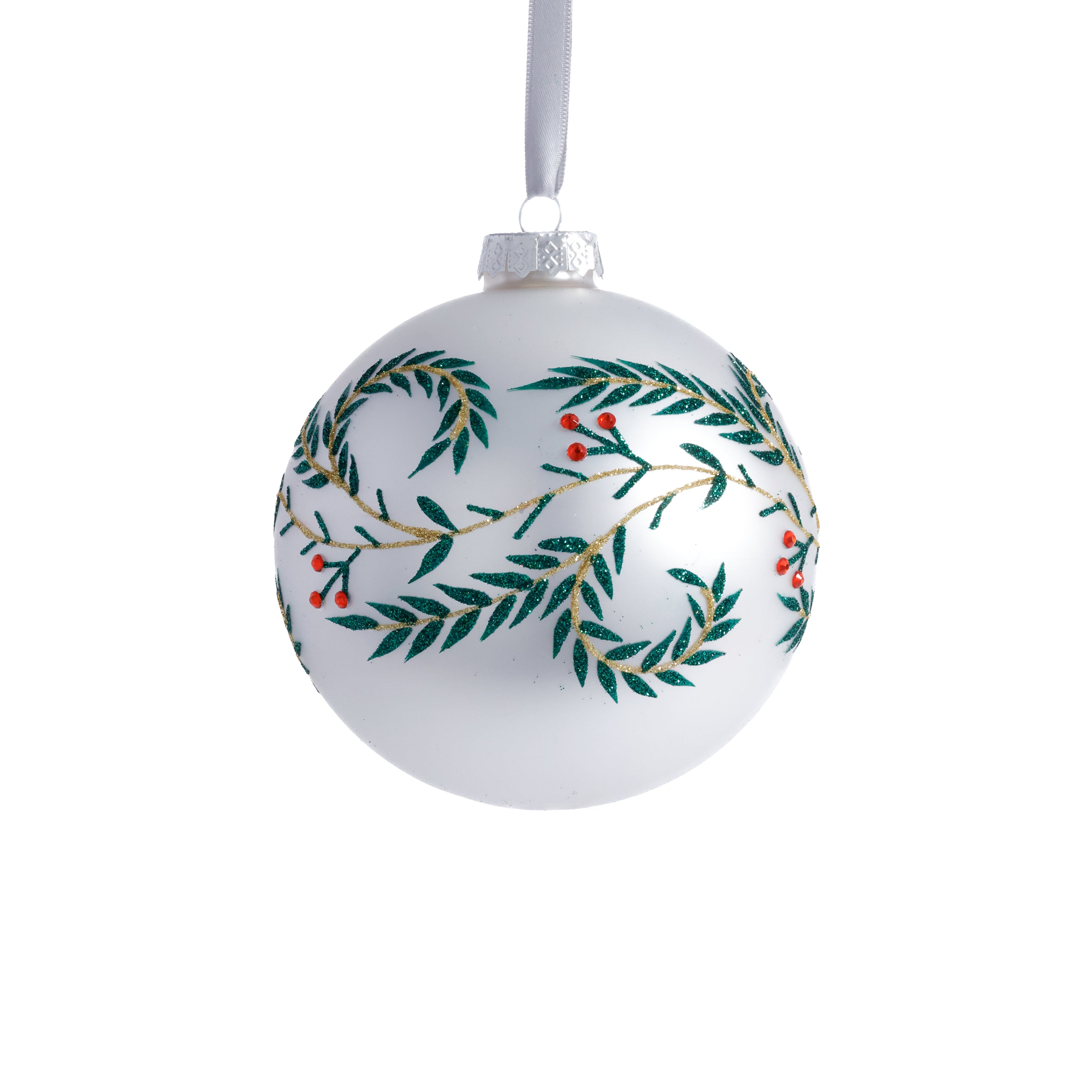 4-Piece Set White Metallic 4.75" Glass Ball Holiday Ornaments with Green Leaf Design by The Favorites
