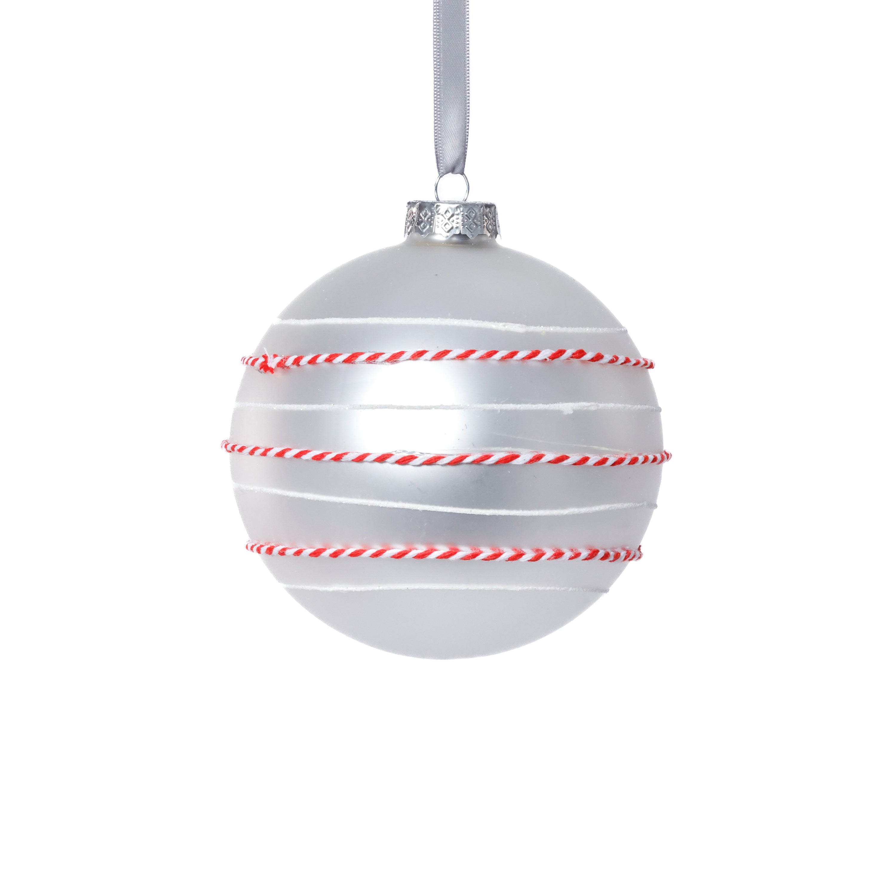 4-Piece Set Matte 4.75" Glass Ball Ornaments with White & Red Rope by The Favorites