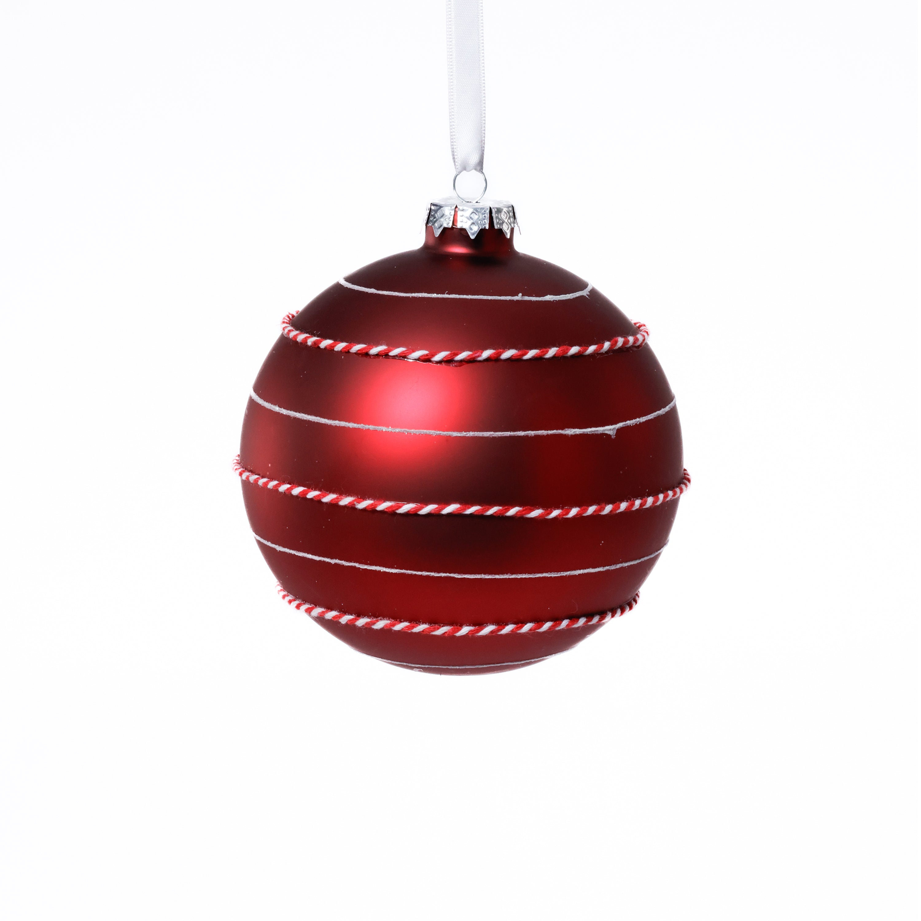 4-Piece Set Matte 4.75" Glass Ball Ornaments with White & Red Rope by The Favorites