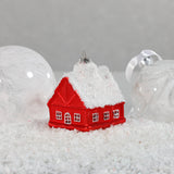 Glass Red House with White Roof Ornament, (Set of 12)