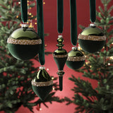 Tonal Shiny Green with Felt and Gold Decoration Glass Ball Ornament - 3.25 in - Set of 12