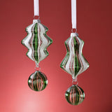 Artisan Blown Glass Ornament - 2 Assorted Designs - Clear Green & White - Set of 12