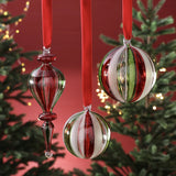 Holiday Glass Ball and Finial Ornament - 3 Assorted Pieces - Red, Green & Clear - Set of 12