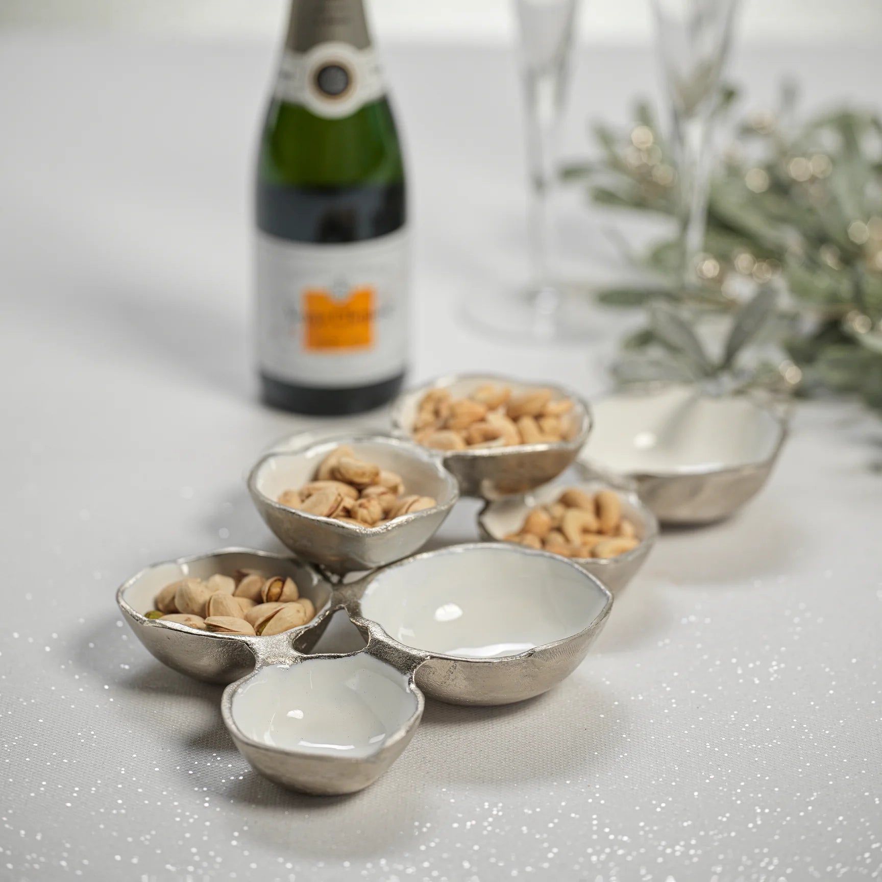 Small Cluster of Eight Serving Bowls - Nickel and White