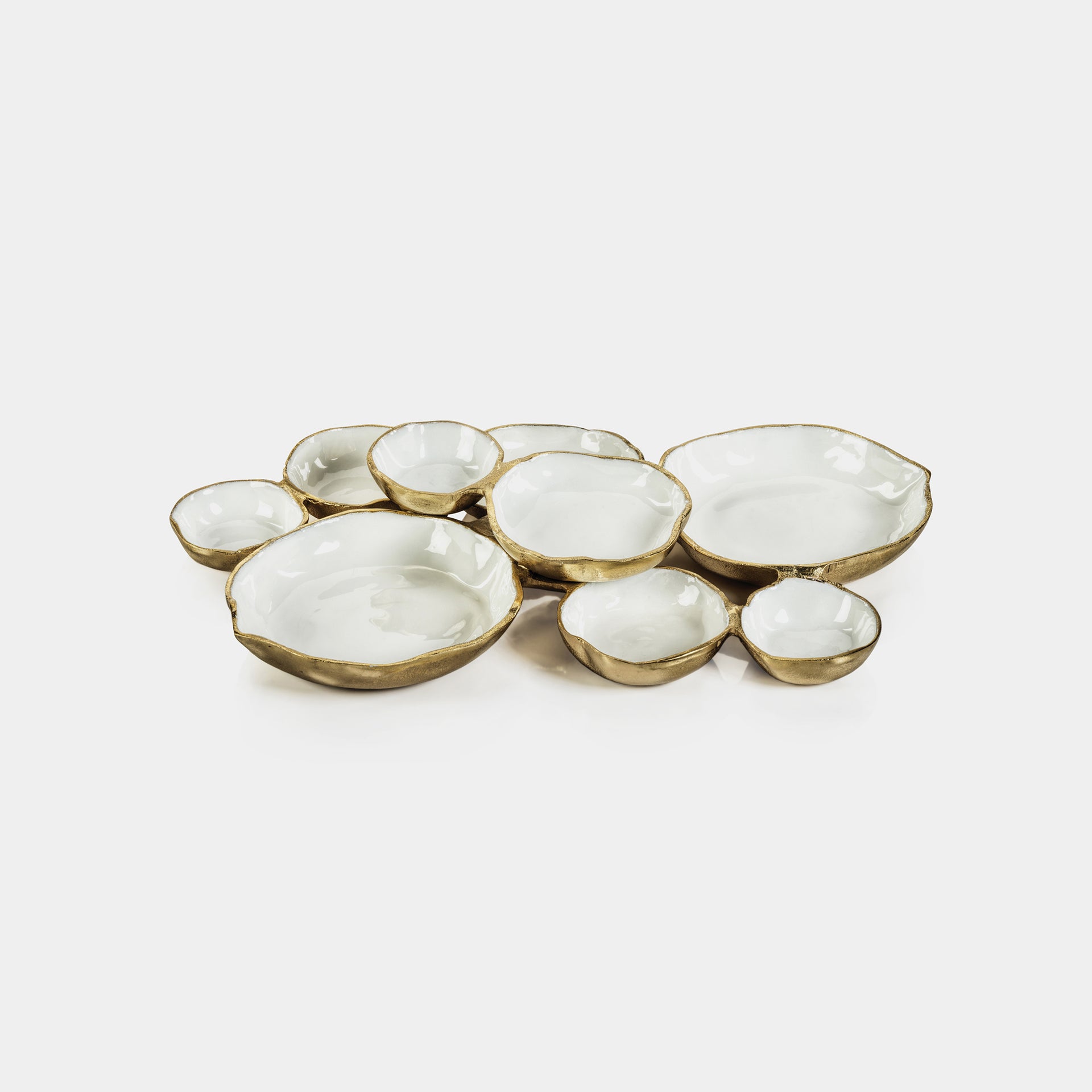 Cluster of Nine Round Serving Bowls in Gold and White