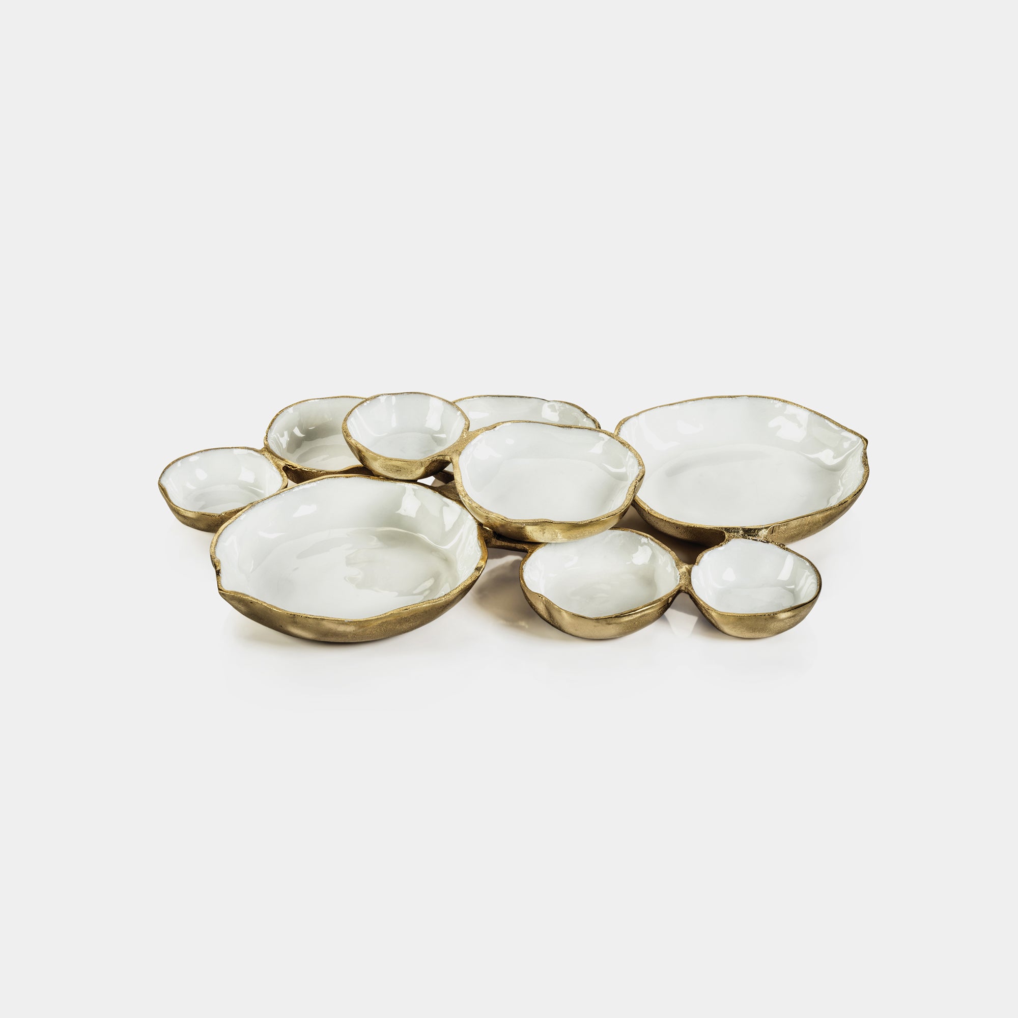 Cluster of Nine Round Serving Bowls in Gold and White