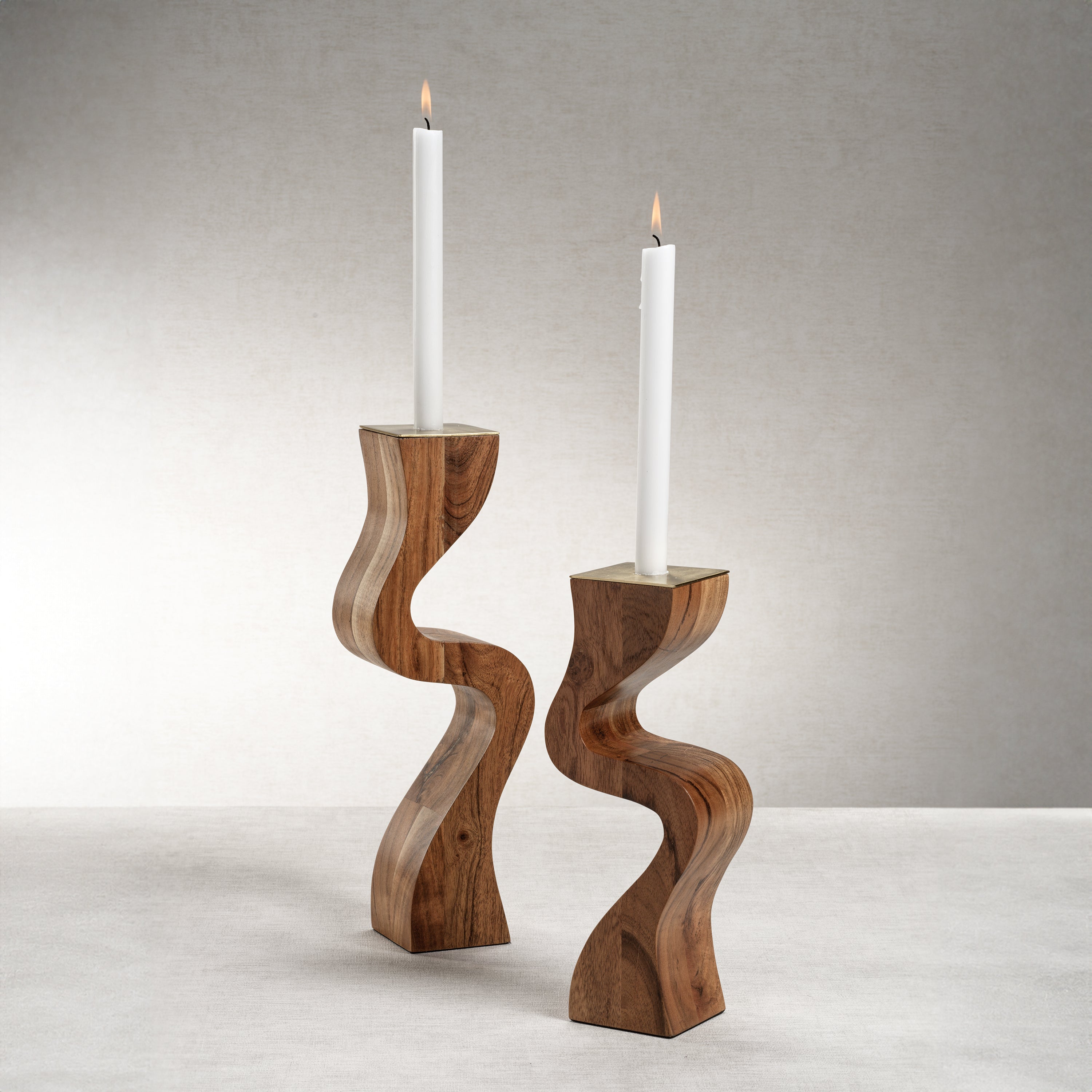 Image of Wave Crest Acacia Wood Taper Holder with Metal Trim