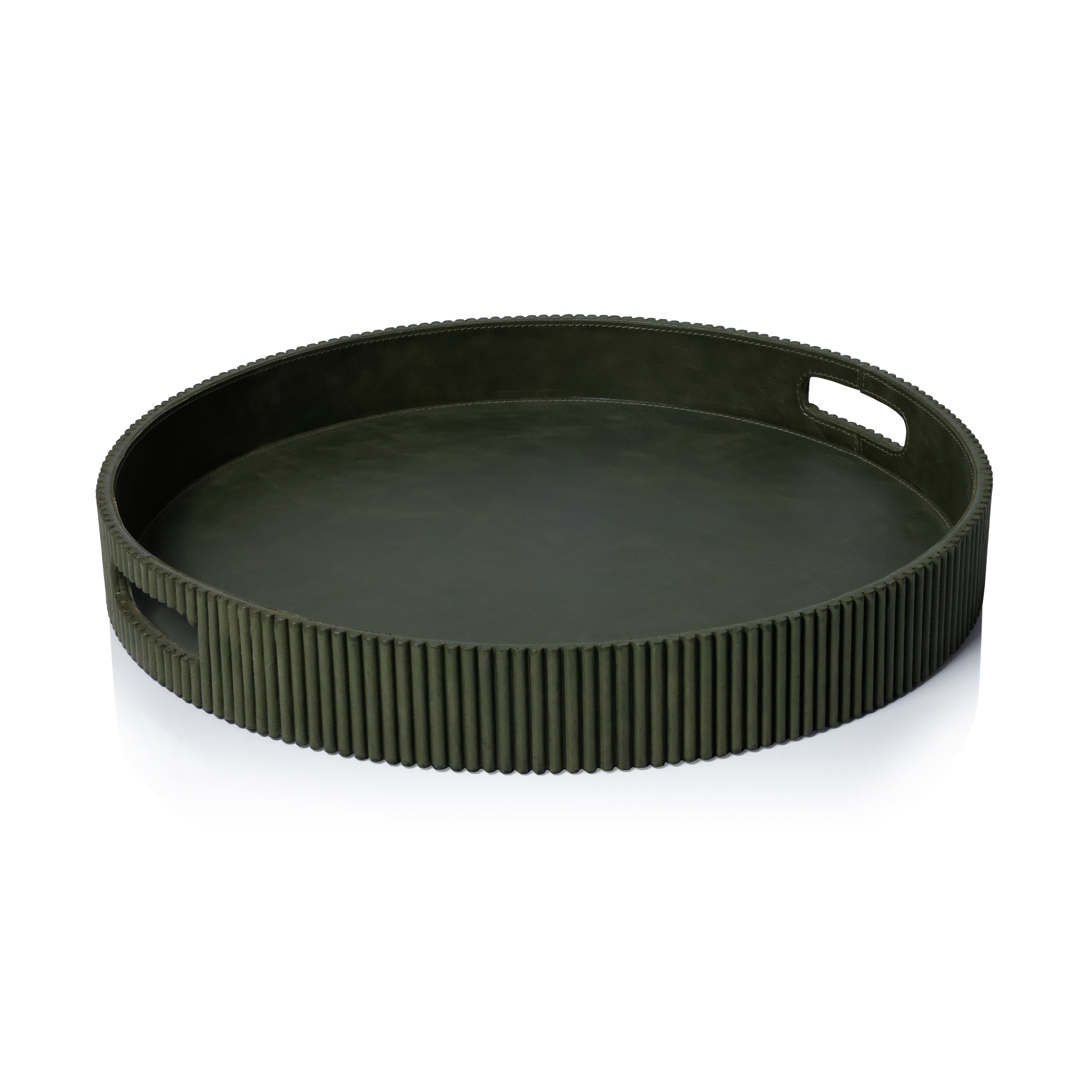 Round Fluted Green Leather Tray by The Favorites
