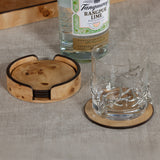 Valberg Burl Veneer Round Beverage Coasters with Holder, Set of 4