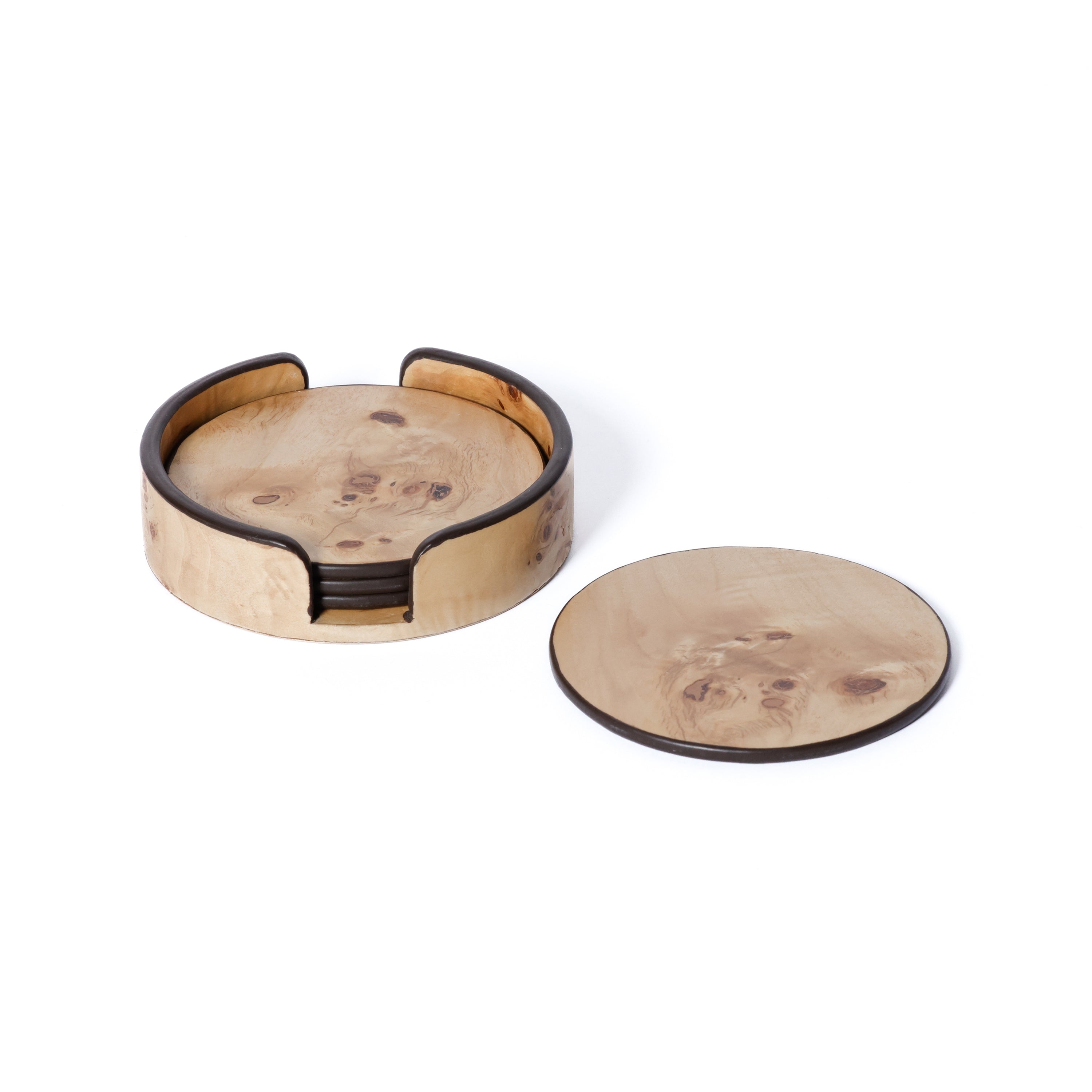 Valberg Burl Veneer Round Beverage Coasters with Holder, Set of 4 by The Favorites