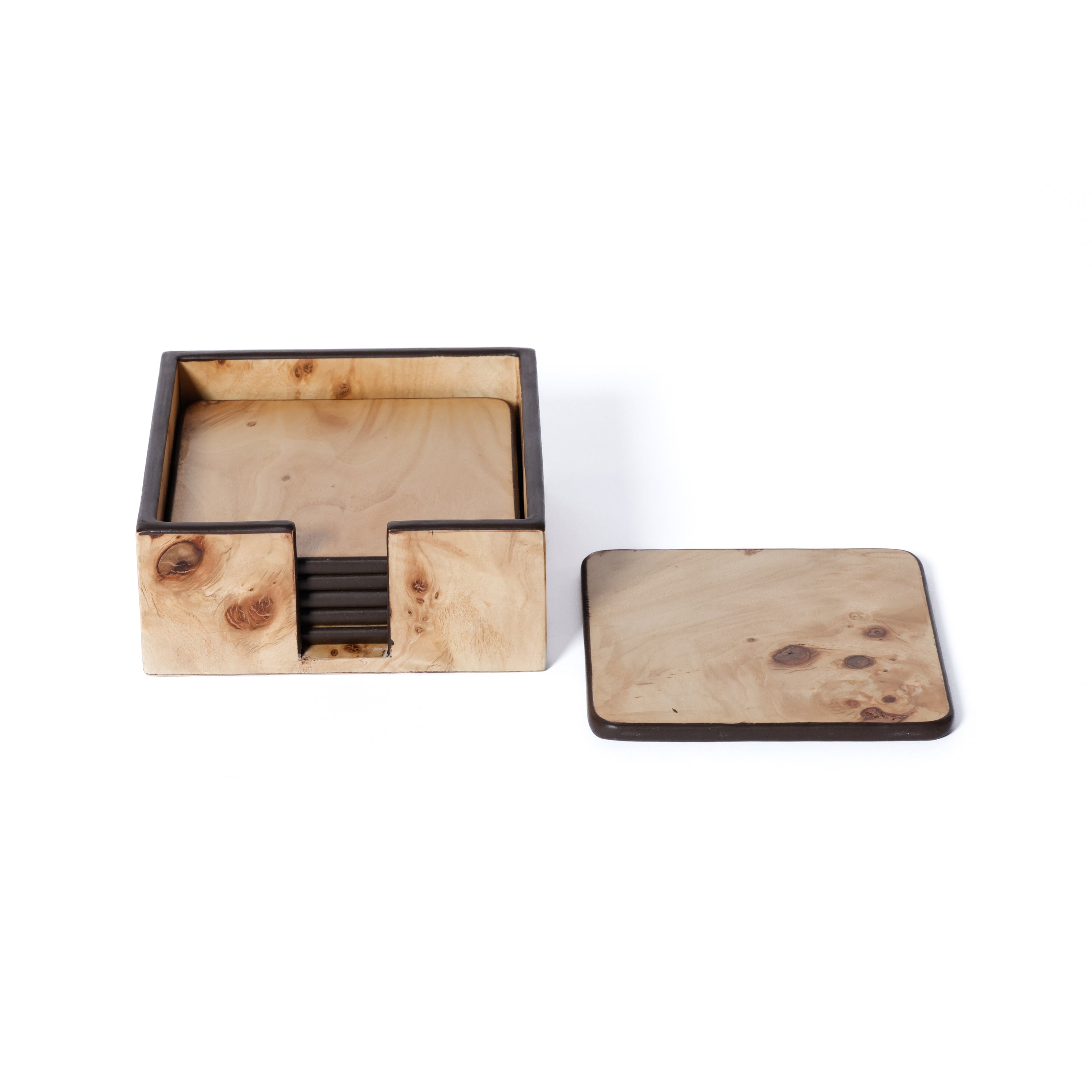 Valberg Burl Veneer Square Beverage Coasters with Holder, Set of 6 by The Favorites