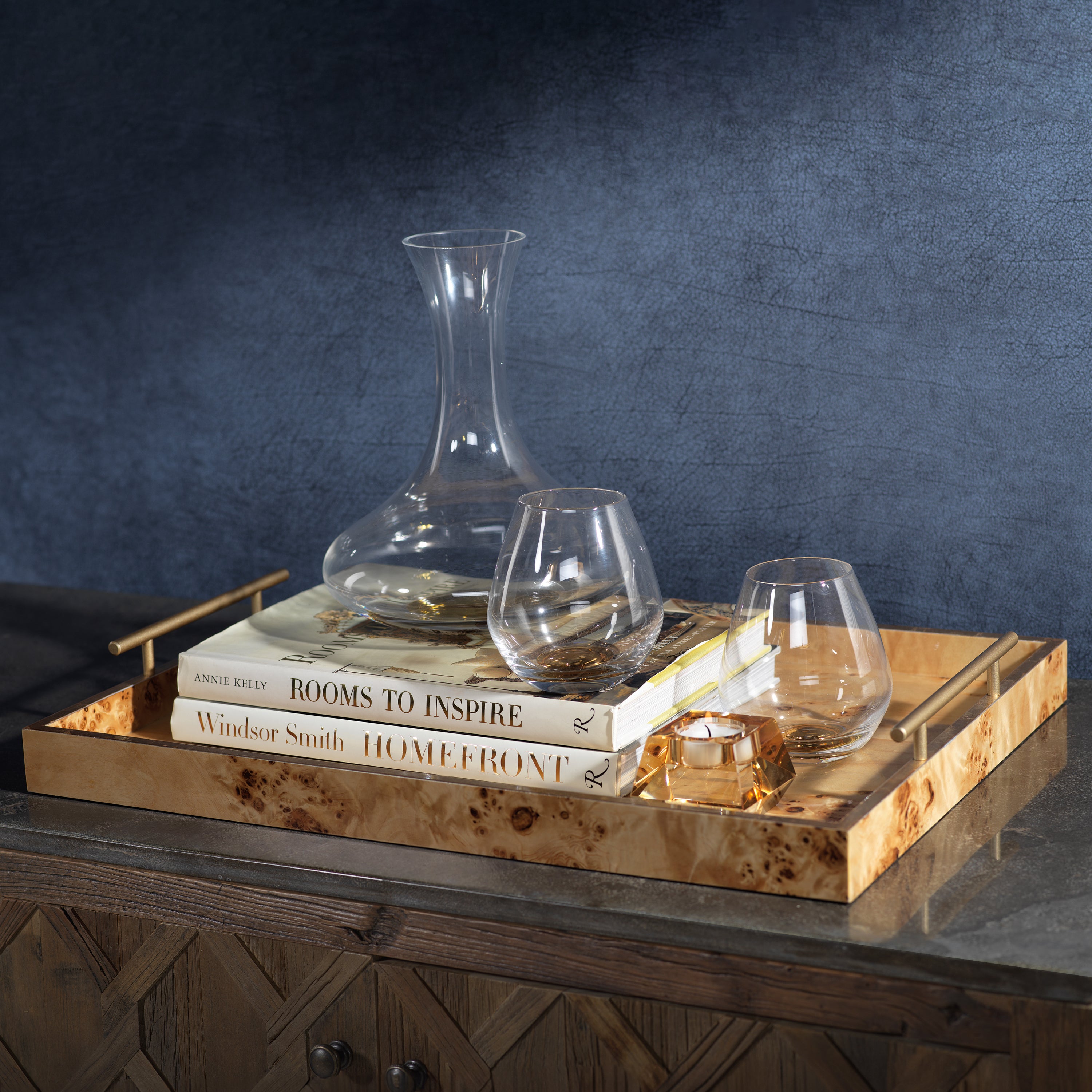 Image of Leiden Burl Wood Design Rectangular Tray with Gold Handles