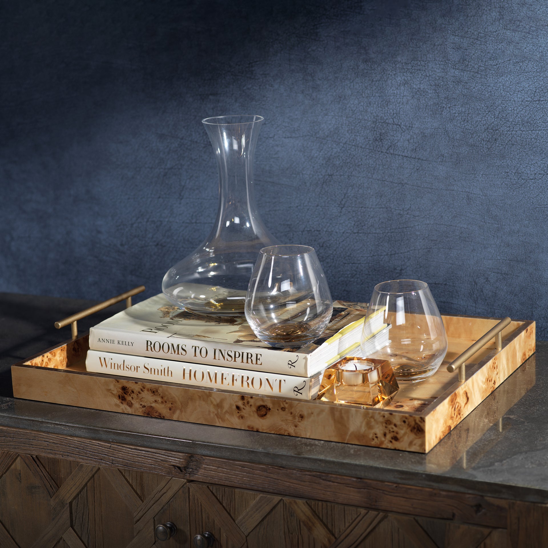Leiden Burl Wood Design Rectangular Tray with Gold Handles