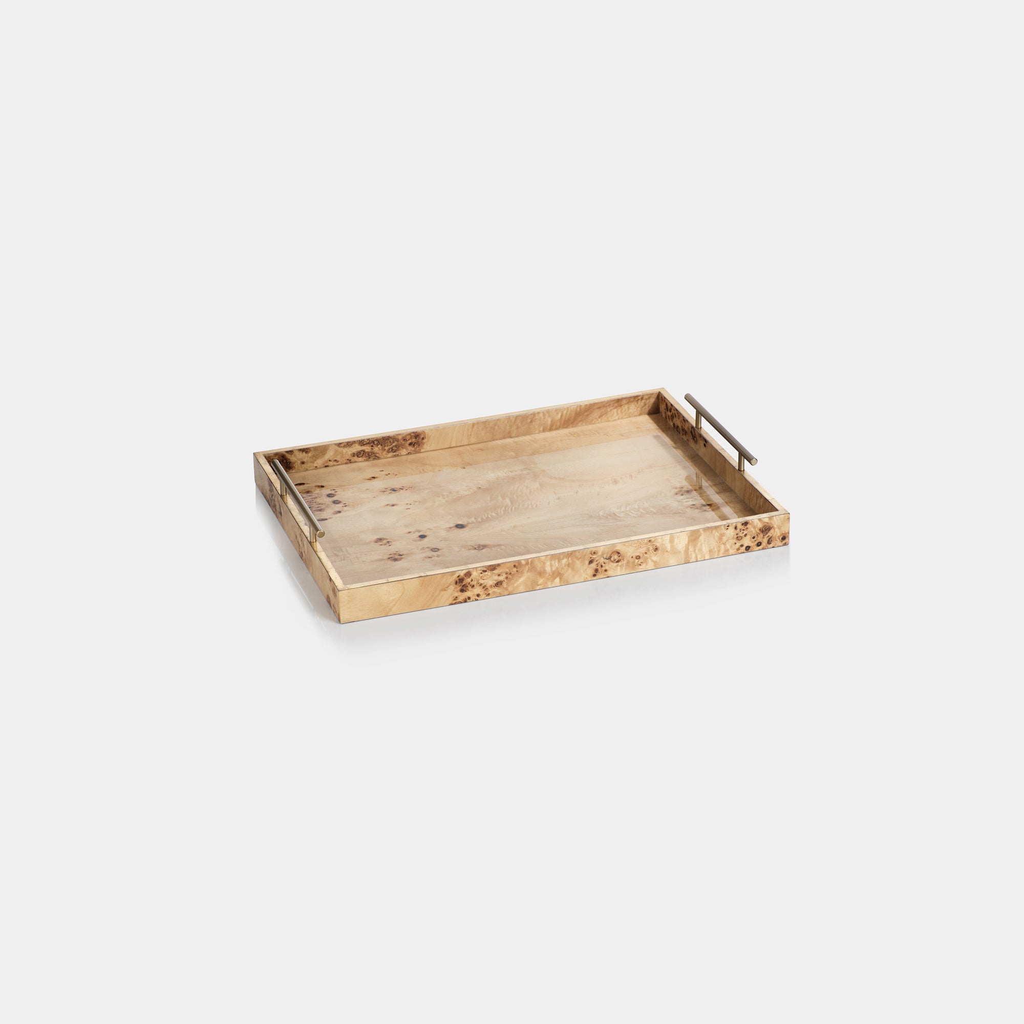 Image of Leiden Burl Wood Design Rectangular Tray with Gold Handles