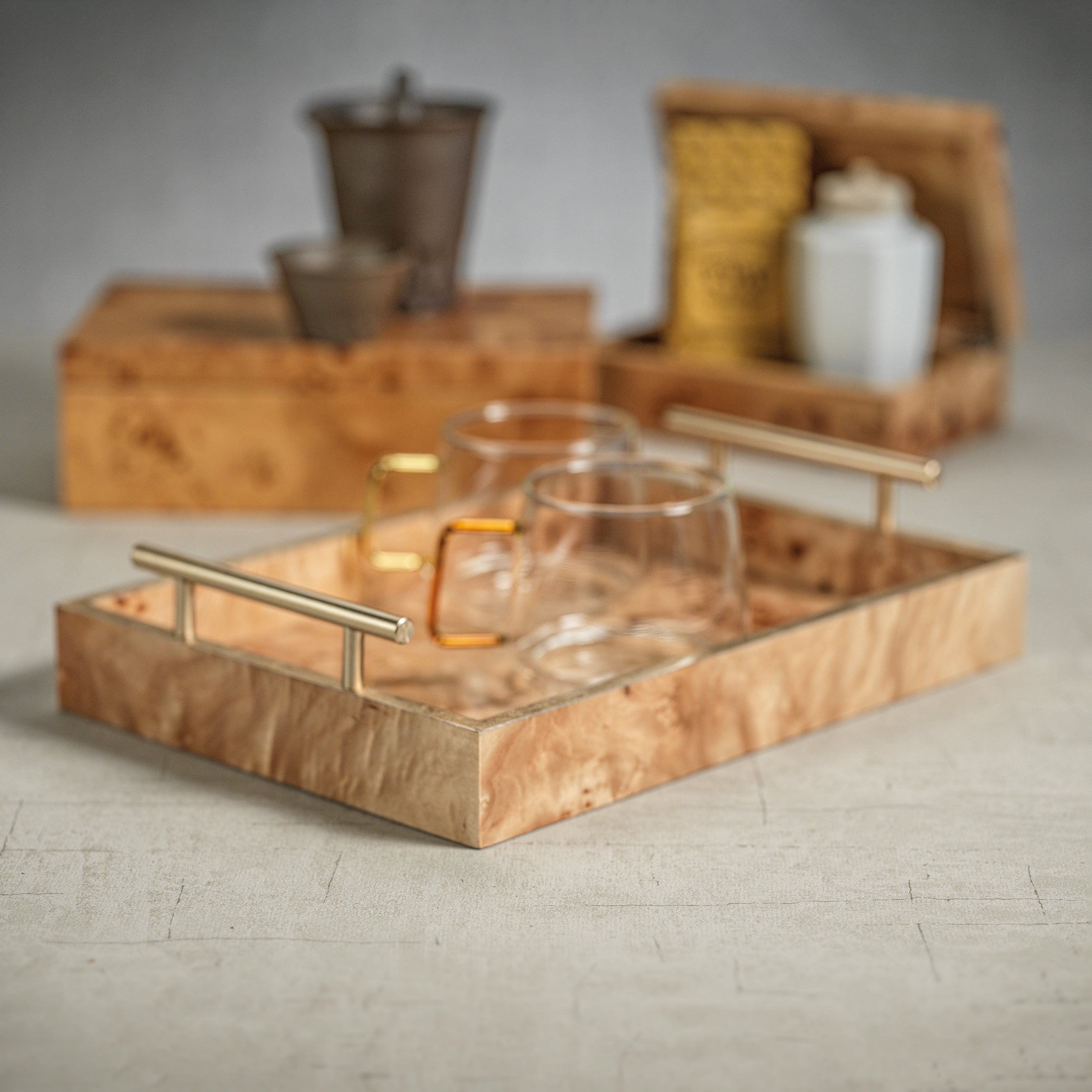 Image of Leiden Burl Wood Rectangular Tray with Gold Handles