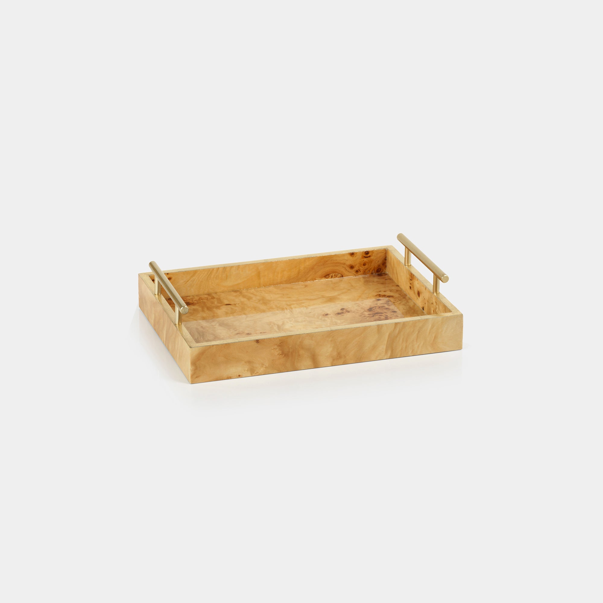 Image of Leiden Burl Wood Rectangular Tray with Gold Handles