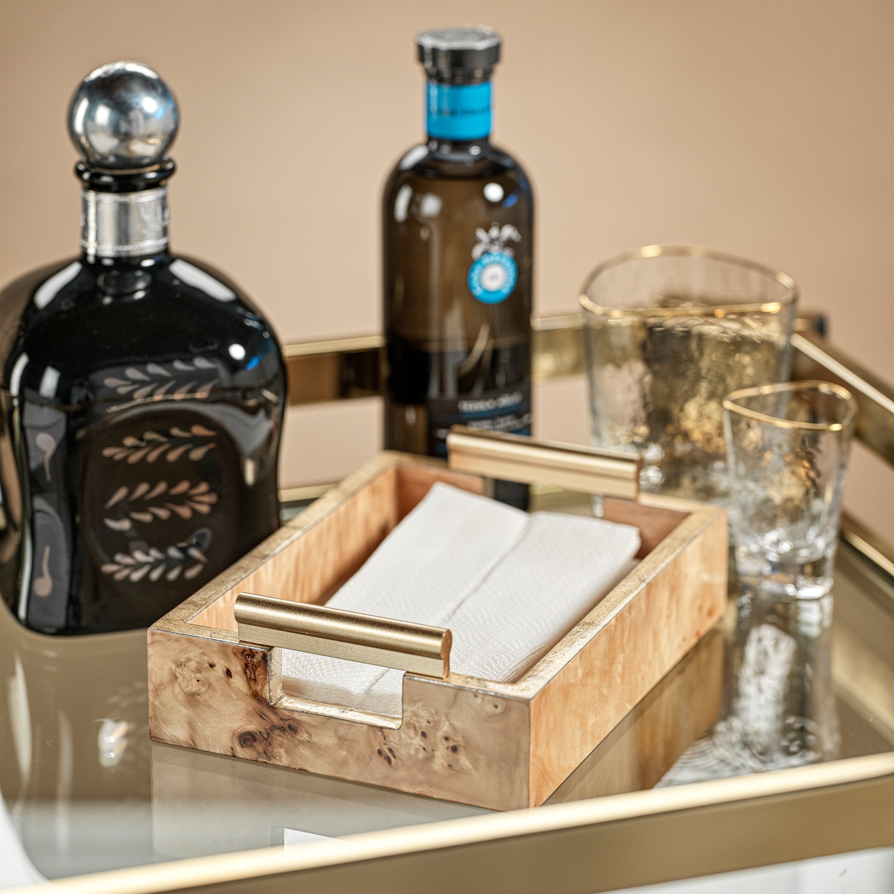 Image of Leiden Burl Wood Rectangular Tray with Gold Handles
