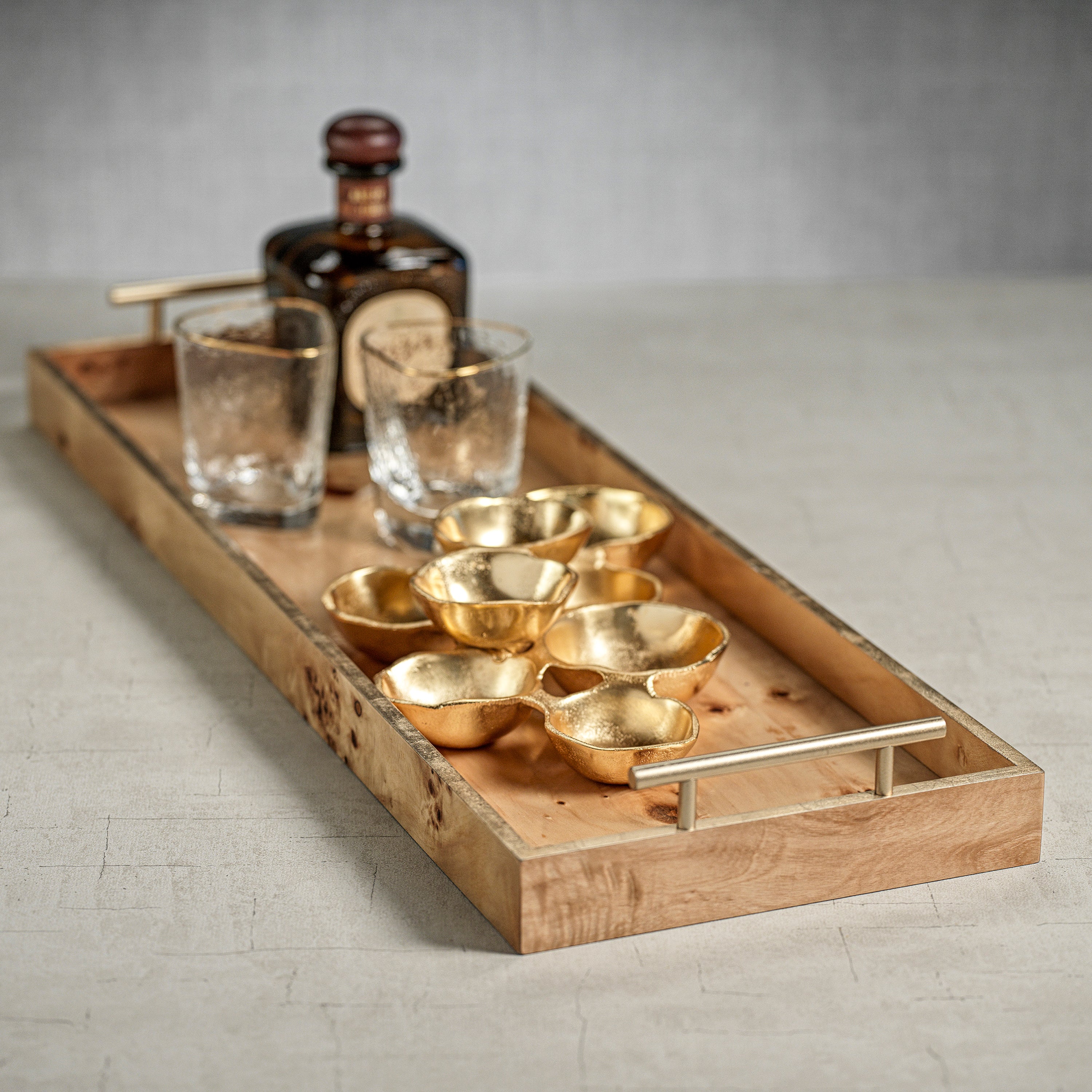 Image of Leiden Burl Wood Rectangular Tray with Gold Handles